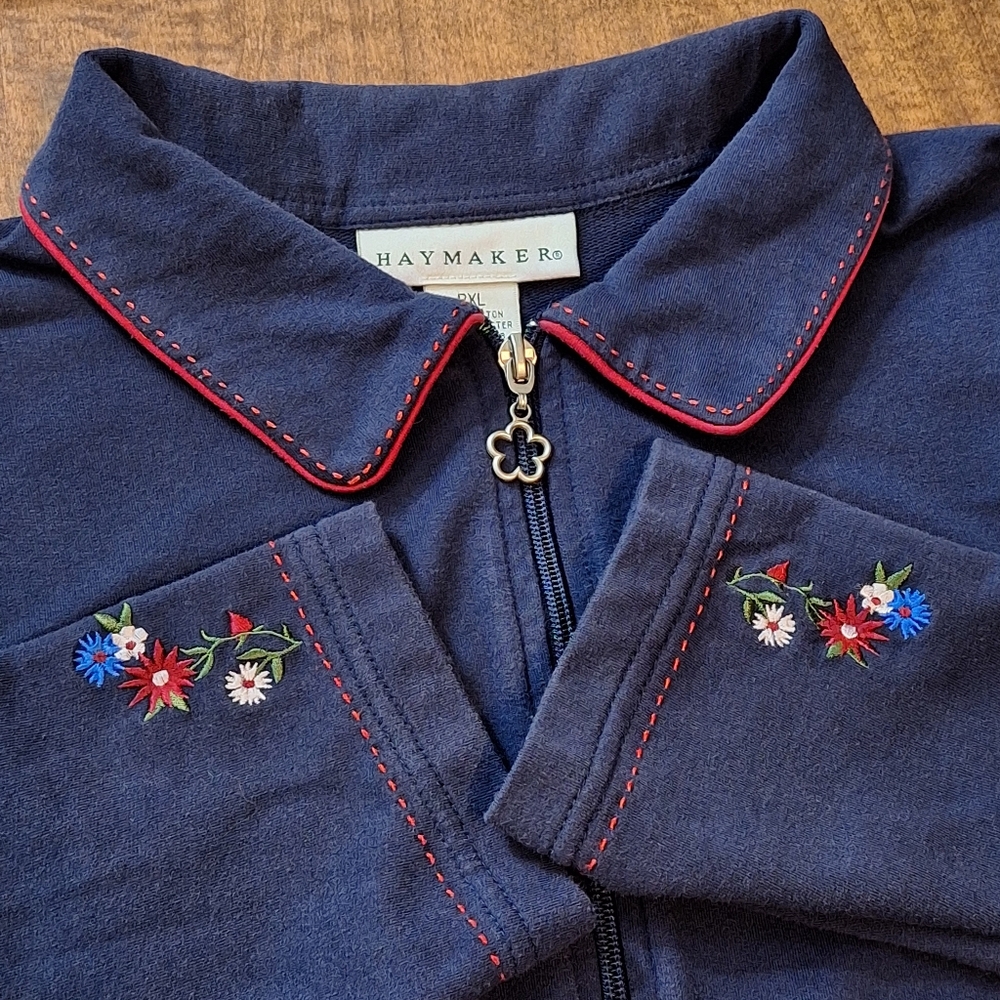 Spring Haymaker Navy Floral Embroidered Zip Up Knit Jacket Petite XL Cottagecore